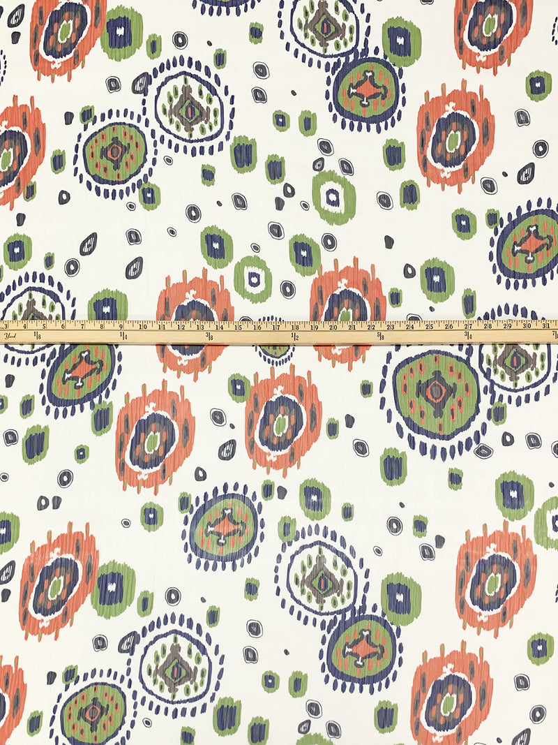 Soft Ivory/Royal Autumn/Navy/Black 100% Polyester Abstract Medallion Print Crinkle Chiffon - Imported From Italy - 58W