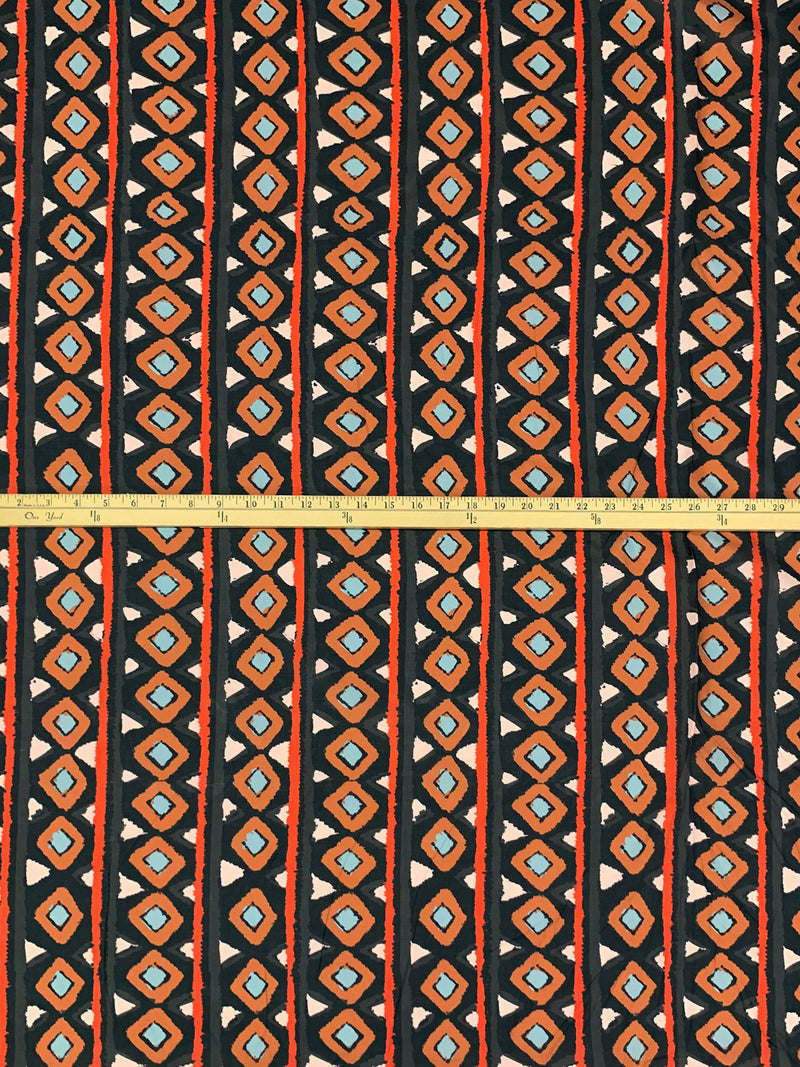 Muted Black/Cinnamon/Off-White 100% Cotton Vertical Rugged Diamond Stripe Print Voile - Imported From Italy - 56W