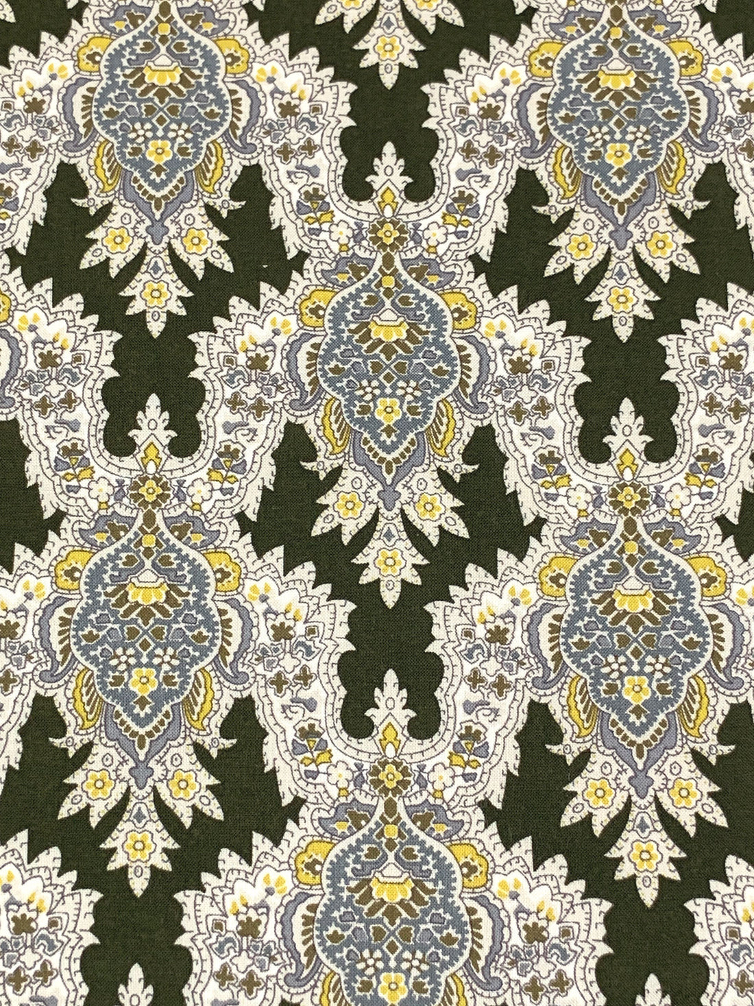 Olive Drab/Straw/Eggshell/Dark Silver 100% Rayon Damask Print Challis 43W