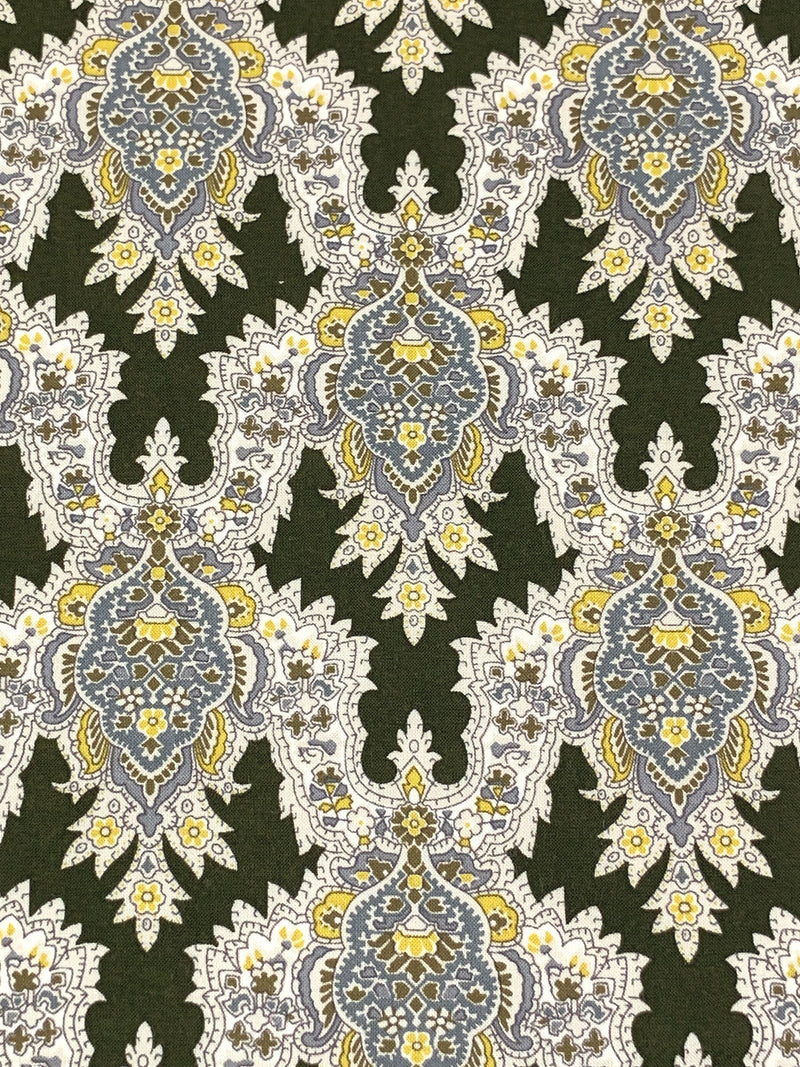 Olive Drab/Straw/Eggshell/Dark Silver 100% Rayon Damask Print Challis 43W