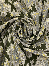 Olive Drab/Straw/Eggshell/Dark Silver 100% Rayon Damask Print Challis 43W