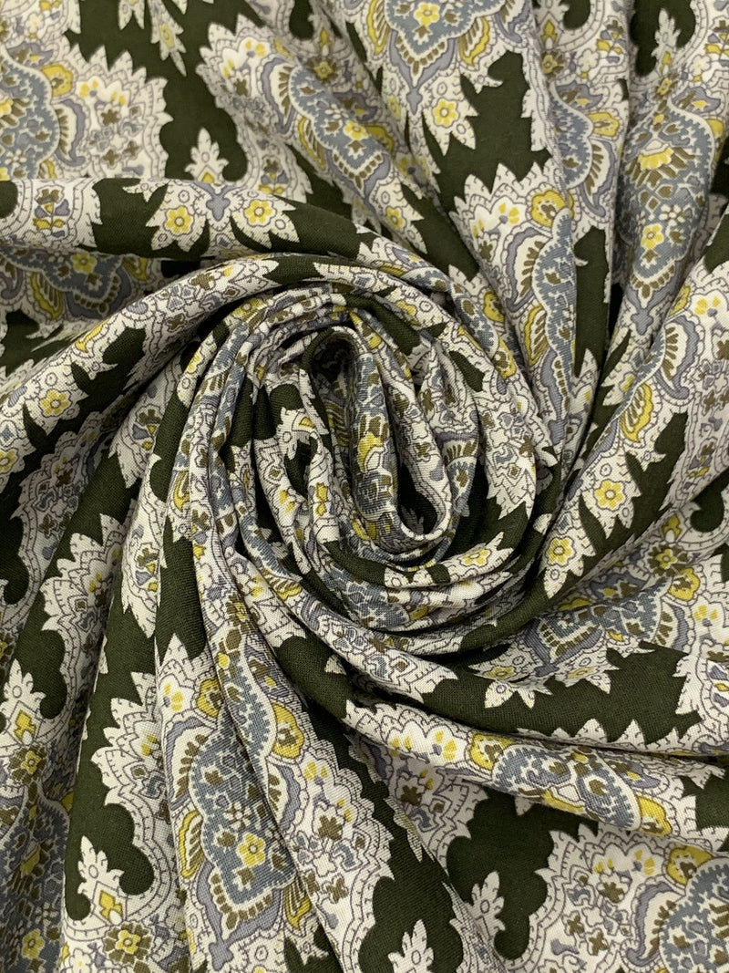 Olive Drab/Straw/Eggshell/Dark Silver 100% Rayon Damask Print Challis 43W