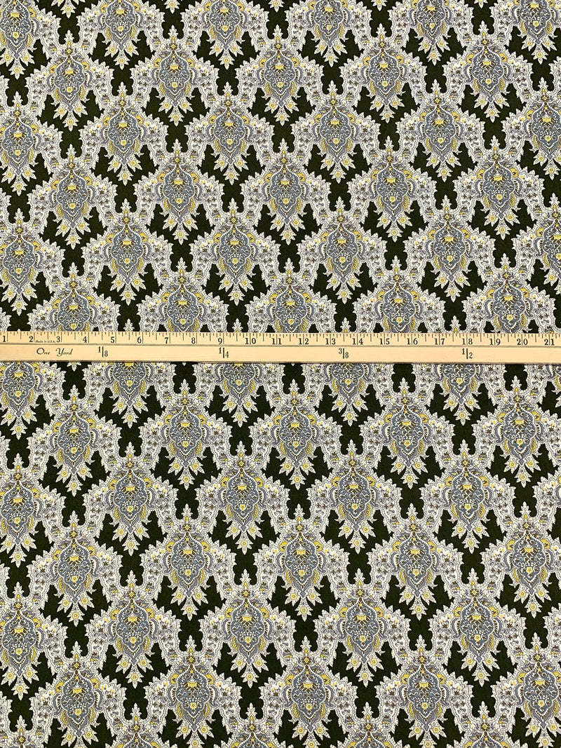 Olive Drab/Straw/Eggshell/Dark Silver 100% Rayon Damask Print Challis 43W