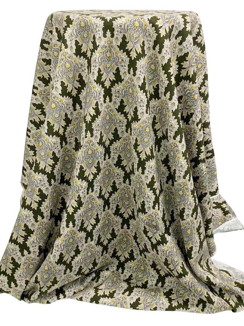 Olive Drab/Straw/Eggshell/Dark Silver 100% Rayon Damask Print Challis 43W