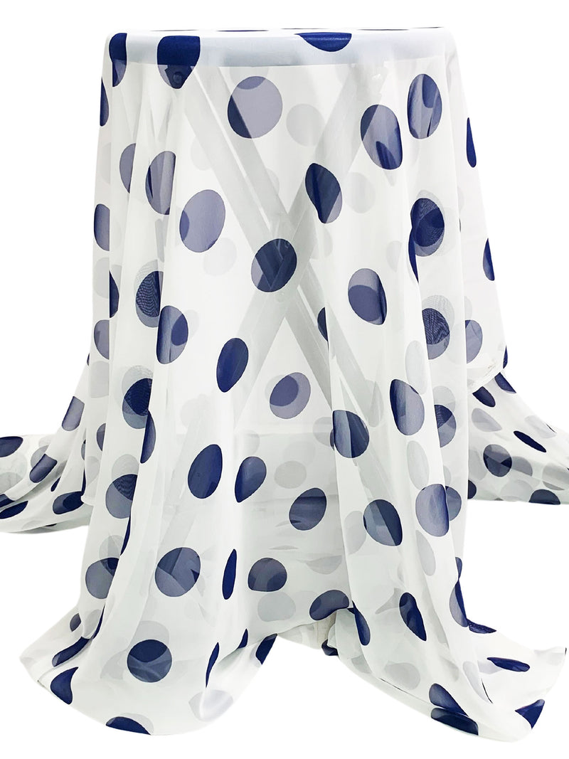 White/Midnight Blue 100% Polyester Polka Dot Print Chiffon 43W