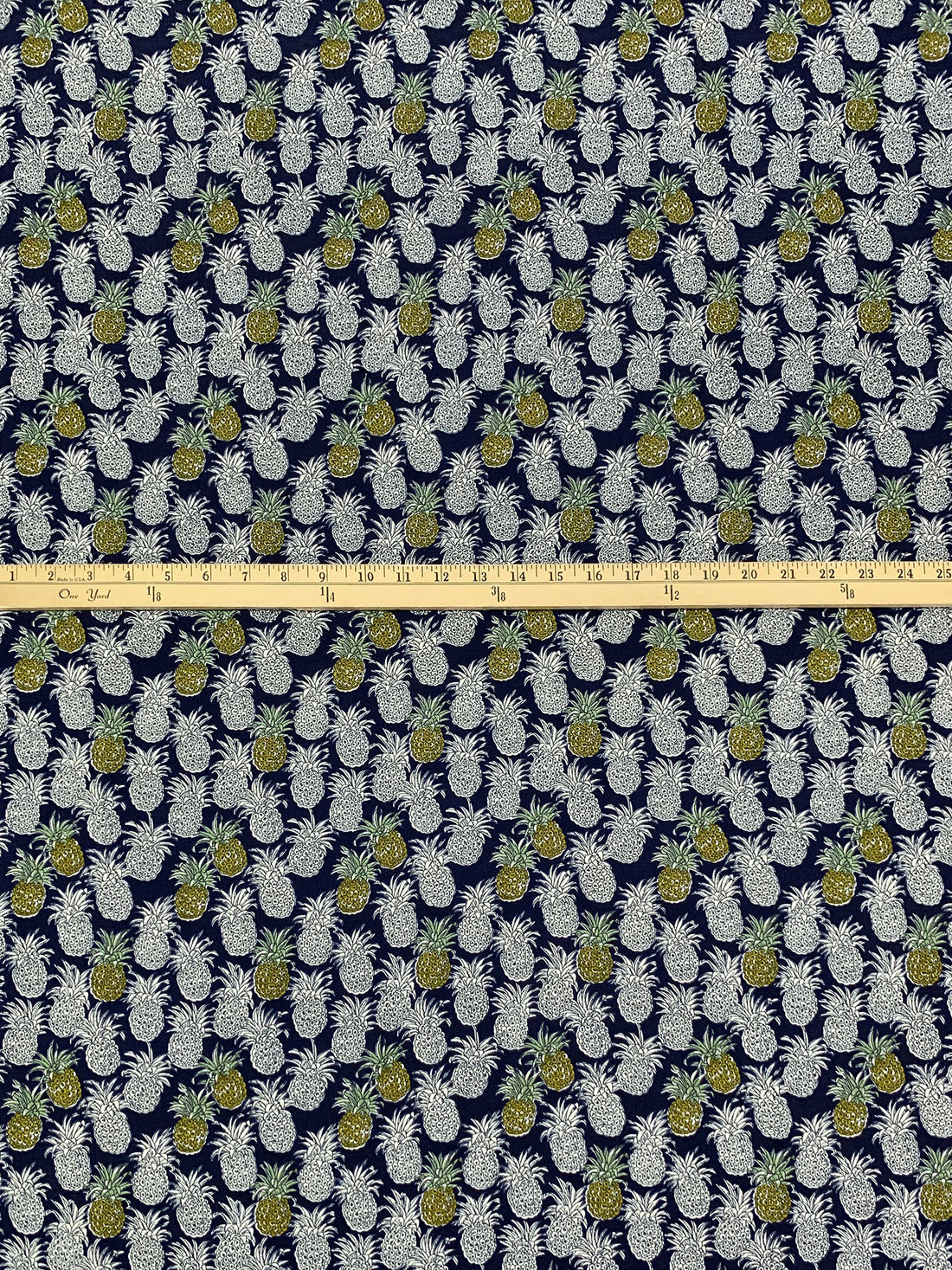 Navy/Brass/White 100% Rayon Pineapple Print Challis 43W