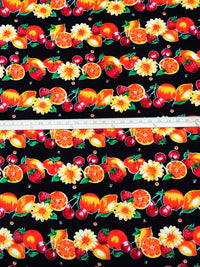 Black/Sunset Yellow/Orange/Multi 100% Rayon Fruit Stripe Print Challis - NY Designer - 43W