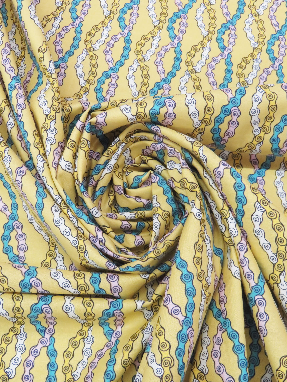 Lemon Yellow/Cerulean/Cotton Candy Pink/Multi 100% Cotton Interlocking Chains Print  Quilt-Weight Woven 43W