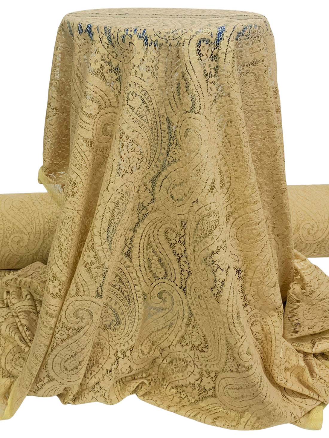SOLD BY THE PANEL ONLY - Tan/Gold 100% Polyester Paisley Weave Gold Metallic Lace Netting - NY Designer - 54W