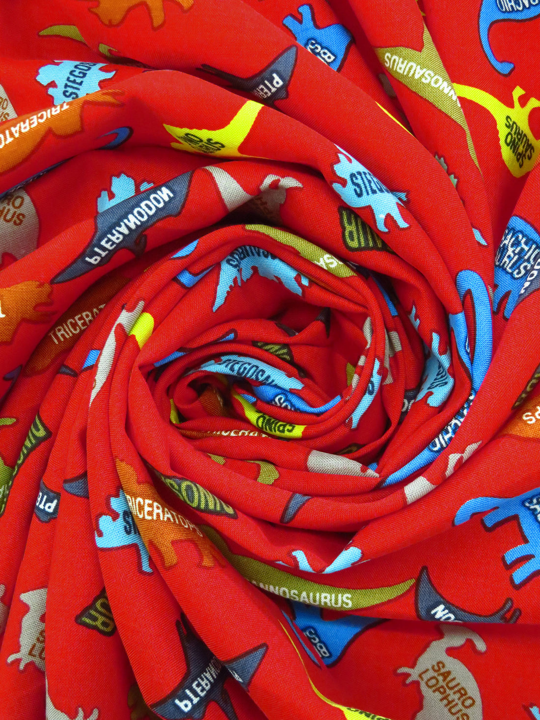 Chili Red/Lemon/Button Blue/Multi 100% Rayon Labeled Dinosaur Print Challis - NY Designer - 43W