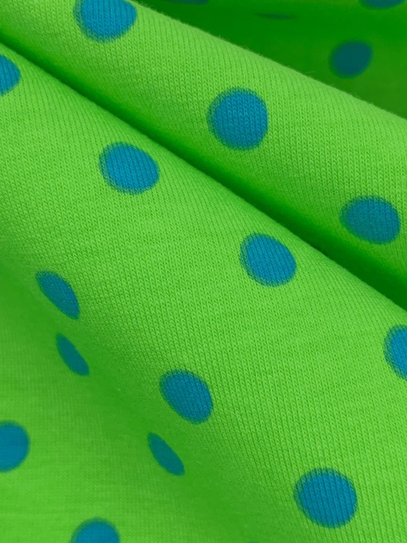 Lime/Cyan Azure Blue Cotton/Lycra Polka Dot Print Jersey Knit 58W