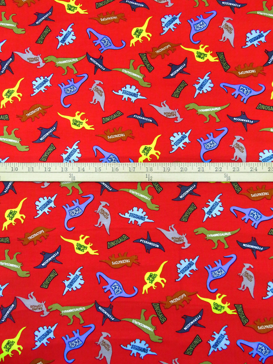 Chili Red/Lemon/Button Blue/Multi 100% Rayon Labeled Dinosaur Print Challis - NY Designer - 43W