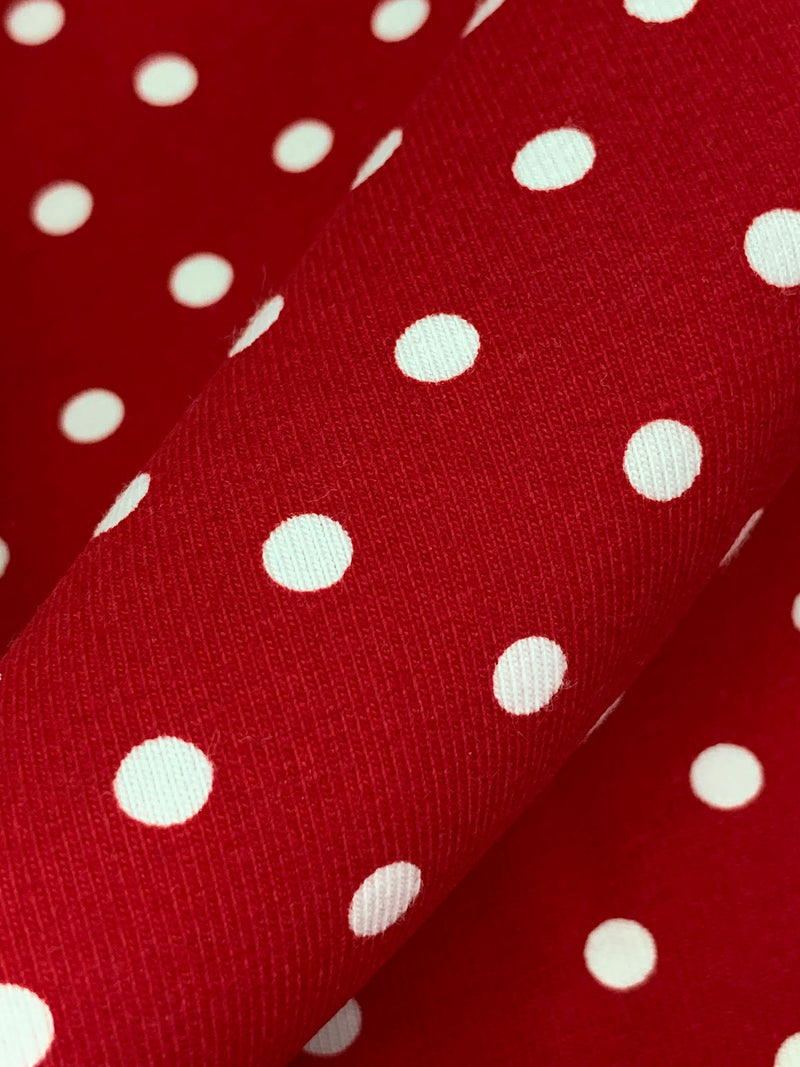 Crimson Red/White Cotton/Lycra Polka Dot Print Jersey Knit 62W