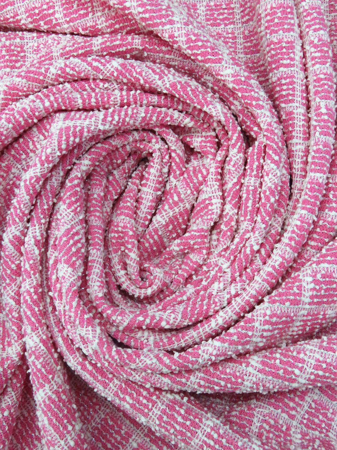 French Pink/White/Silver Polyester/Metallic/Lycra Novelty Grid Weave Boucle Sweater Knit 53W