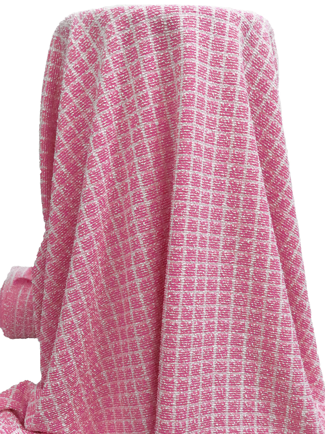 French Pink/White/Silver Polyester/Metallic/Lycra Novelty Grid Weave Boucle Sweater Knit 53W