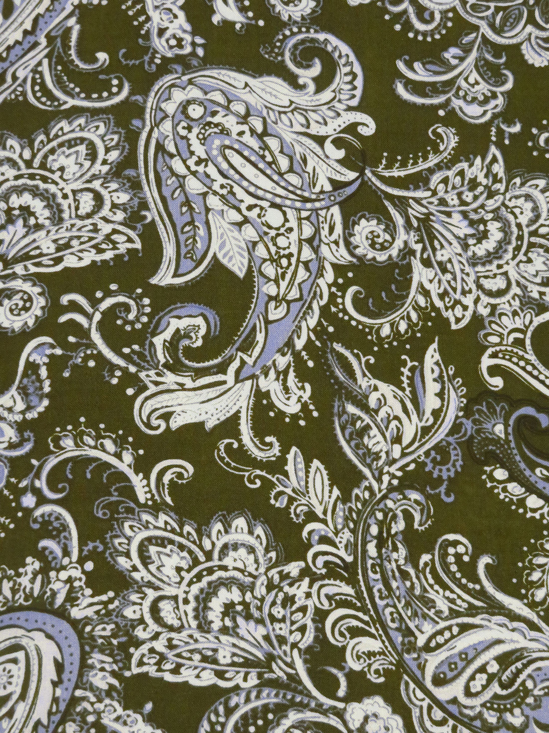 Dark Army Green/Dirty White/Blue Bell 100% Rayon Ornate Paisley Print Challis 43W