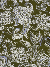 Dark Army Green/Dirty White/Blue Bell 100% Rayon Ornate Paisley Print Challis 43W