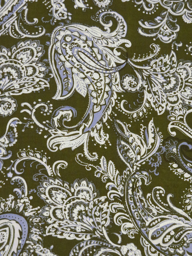 Dark Army Green/Dirty White/Blue Bell 100% Rayon Ornate Paisley Print Challis 43W