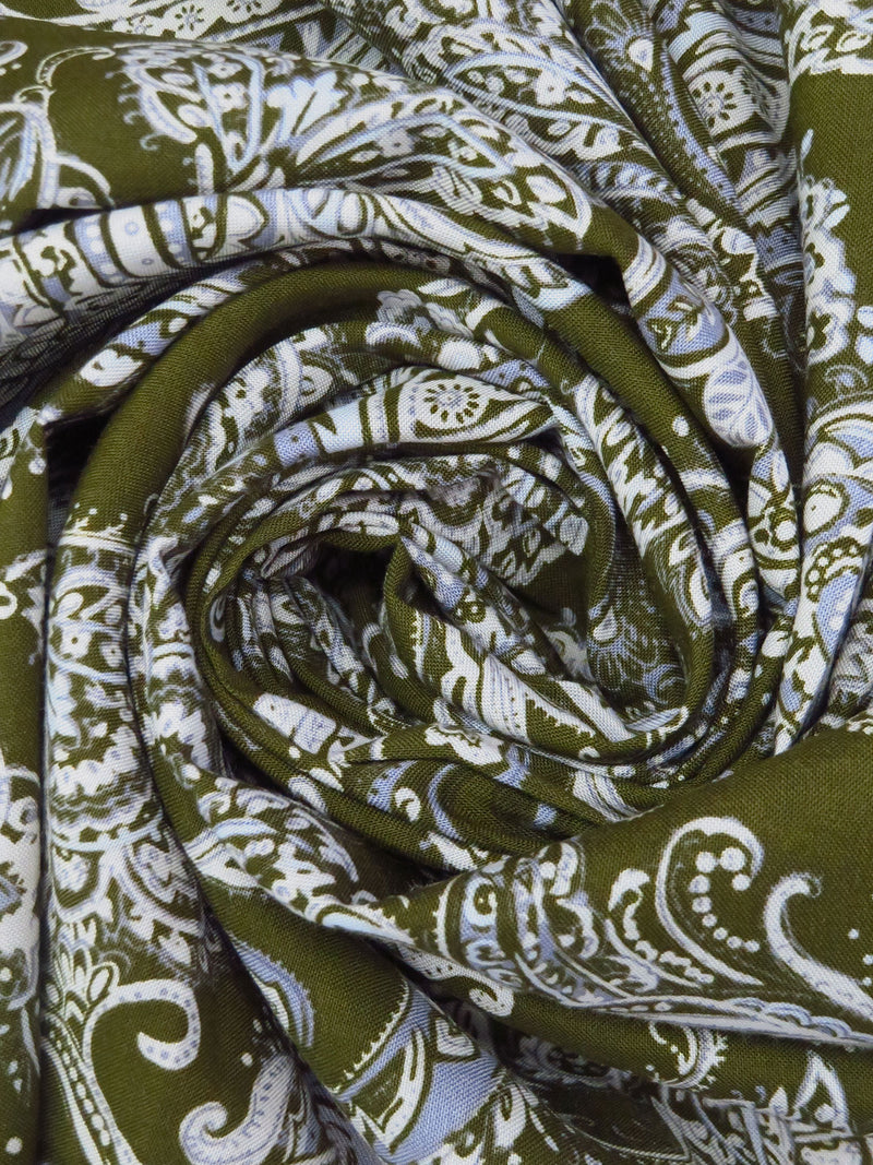 Dark Army Green/Dirty White/Blue Bell 100% Rayon Ornate Paisley Print Challis 43W