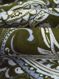 Dark Army Green/Dirty White/Blue Bell 100% Rayon Ornate Paisley Print Challis 43W