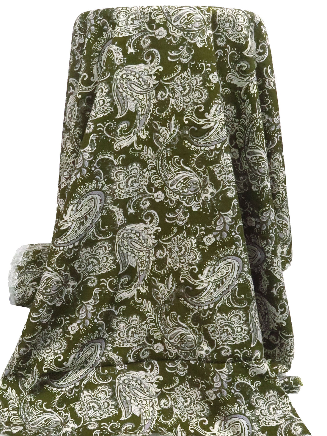 Dark Army Green/Dirty White/Blue Bell 100% Rayon Ornate Paisley Print Challis 43W