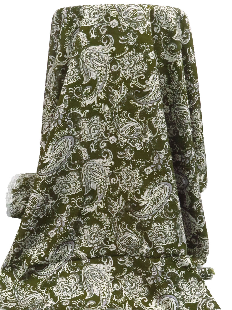 Dark Army Green/Dirty White/Blue Bell 100% Rayon Ornate Paisley Print Challis 43W