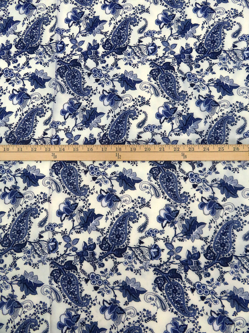 SOLD AS IS ONLY - Dark Navy/White/Dark Cornflower/Multi 100% Rayon Floral Paisley Print Challis 43W