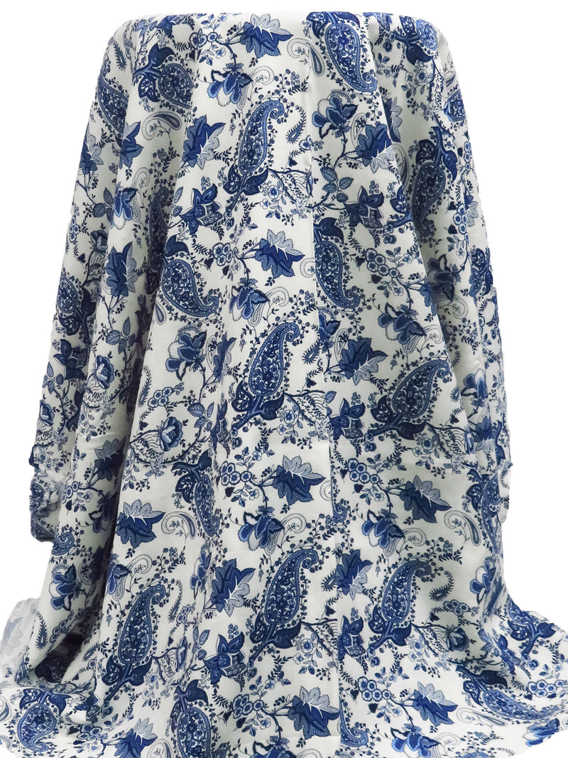 SOLD AS IS ONLY - Dark Navy/White/Dark Cornflower/Multi 100% Rayon Floral Paisley Print Challis 43W