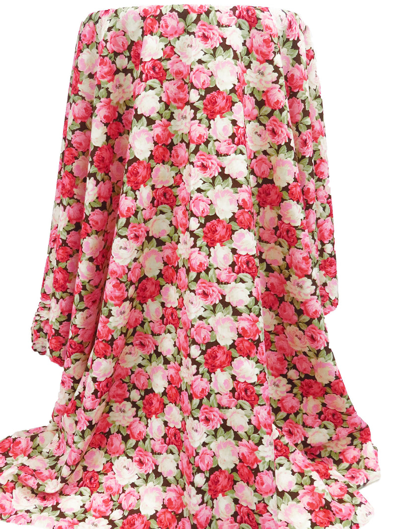Salmon Pink/Cream/Bistre/Multi 100% Rayon Rose Print Challis 43W