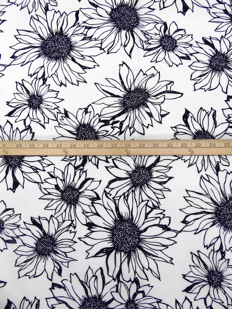 White/Dark Midnight Navy 100% Rayon Sunflower Print Challis 43W