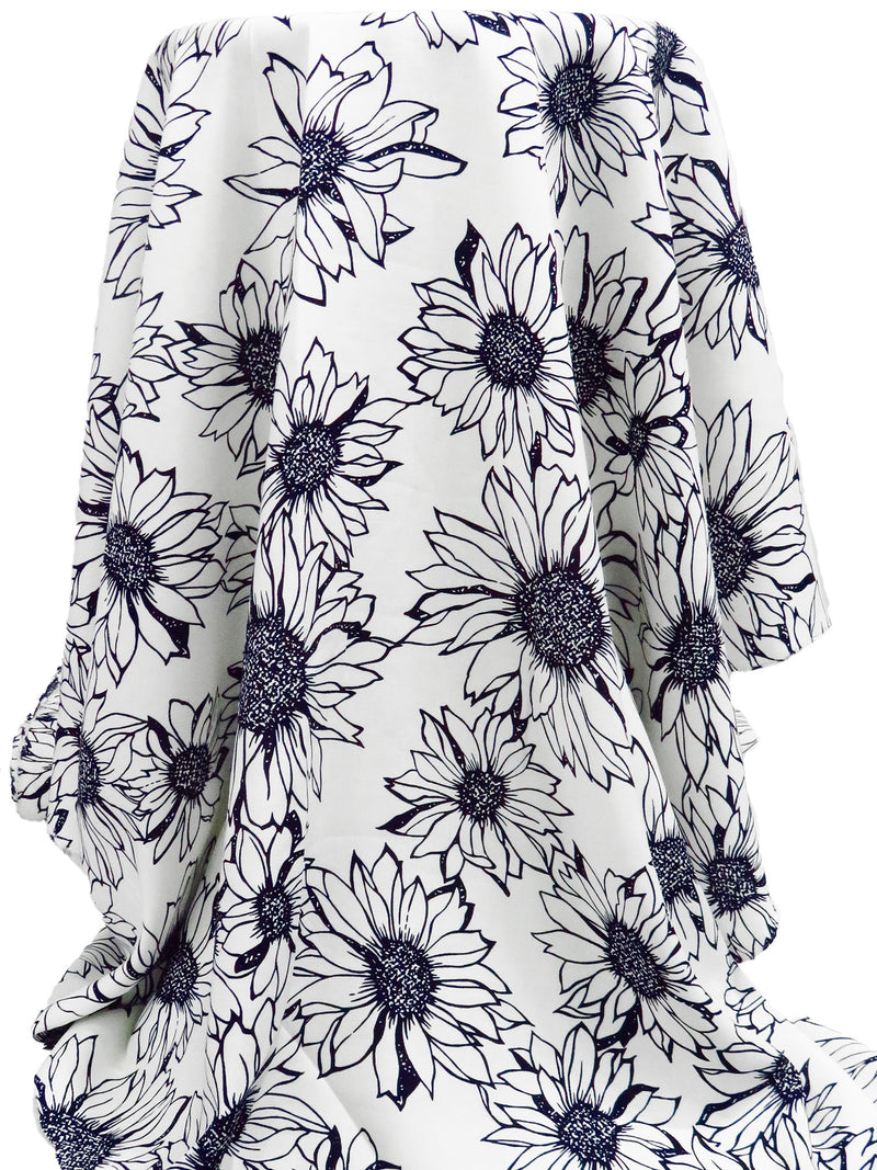 White/Dark Midnight Navy 100% Rayon Sunflower Print Challis 43W