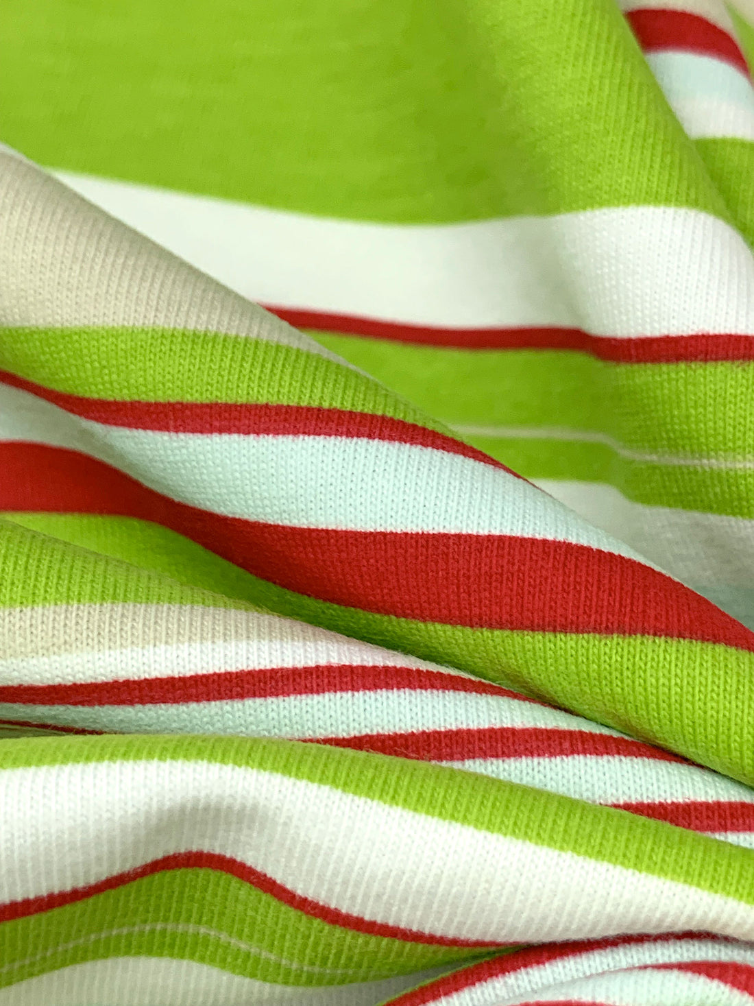 Inchworm Green/Deep Red/White Cotton/Lycra Horizontal Stripe Jersey Knit 60W