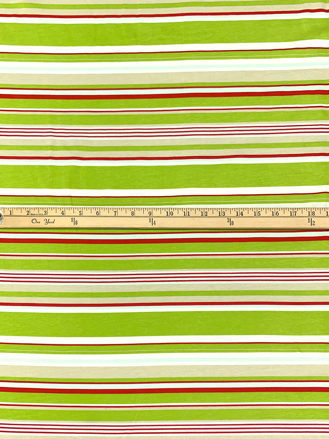 Inchworm Green/Deep Red/White Cotton/Lycra Horizontal Stripe Jersey Knit 60W