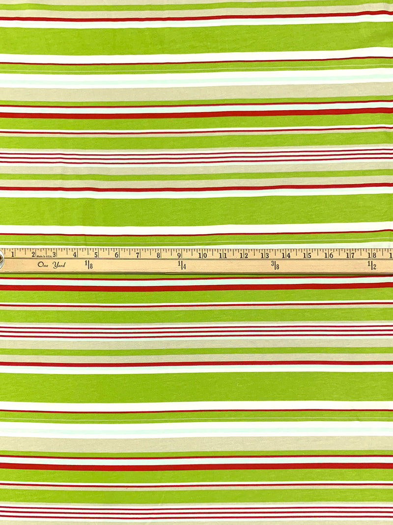 Inchworm Green/Deep Red/White Cotton/Lycra Horizontal Stripe Jersey Knit 60W