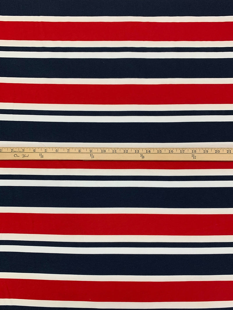 Firebrick Red/Midnight Ocean/White Cotton/Lycra Horizontal Stripe Jersey Knit 60W