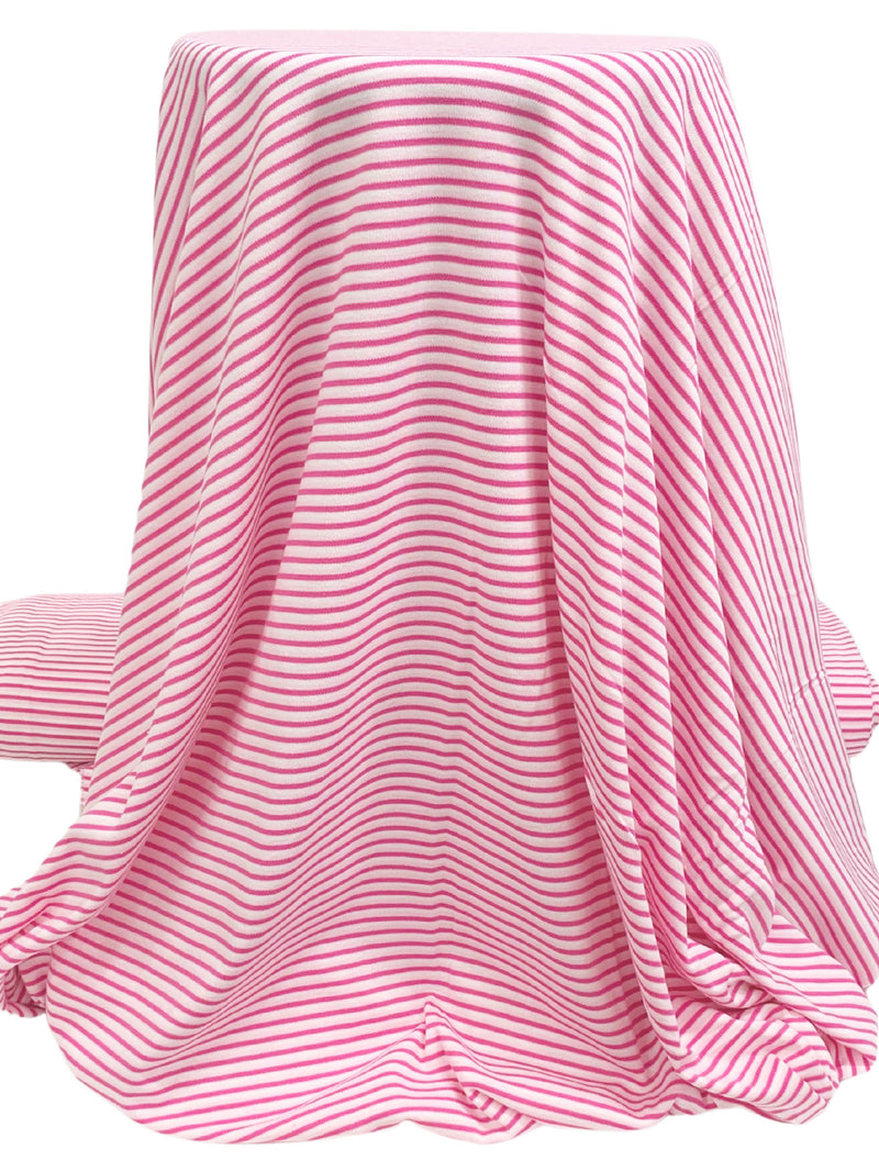 Raspberry Pink/White Cotton/Polyester Horizontal Stripe Interlock Knit 62W