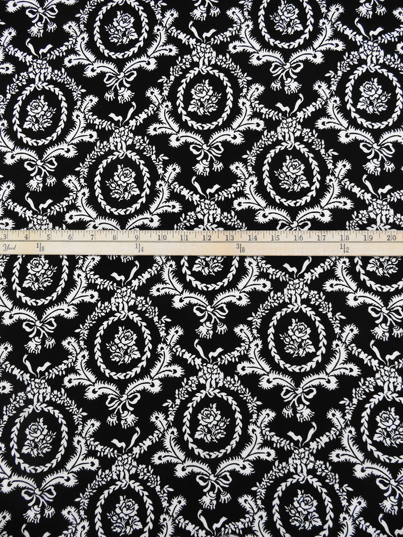 Black/White 100% Rayon Floral Framed Damask Print Challis 43W