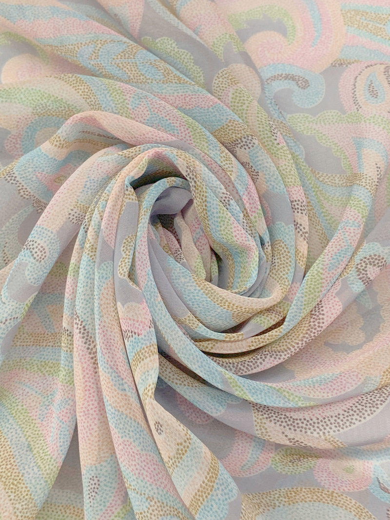 Cool Silver/Cadet Blue/Silvery Pink/Artichoke 100% Polyester Dotted Paisley Print Chiffon 41W