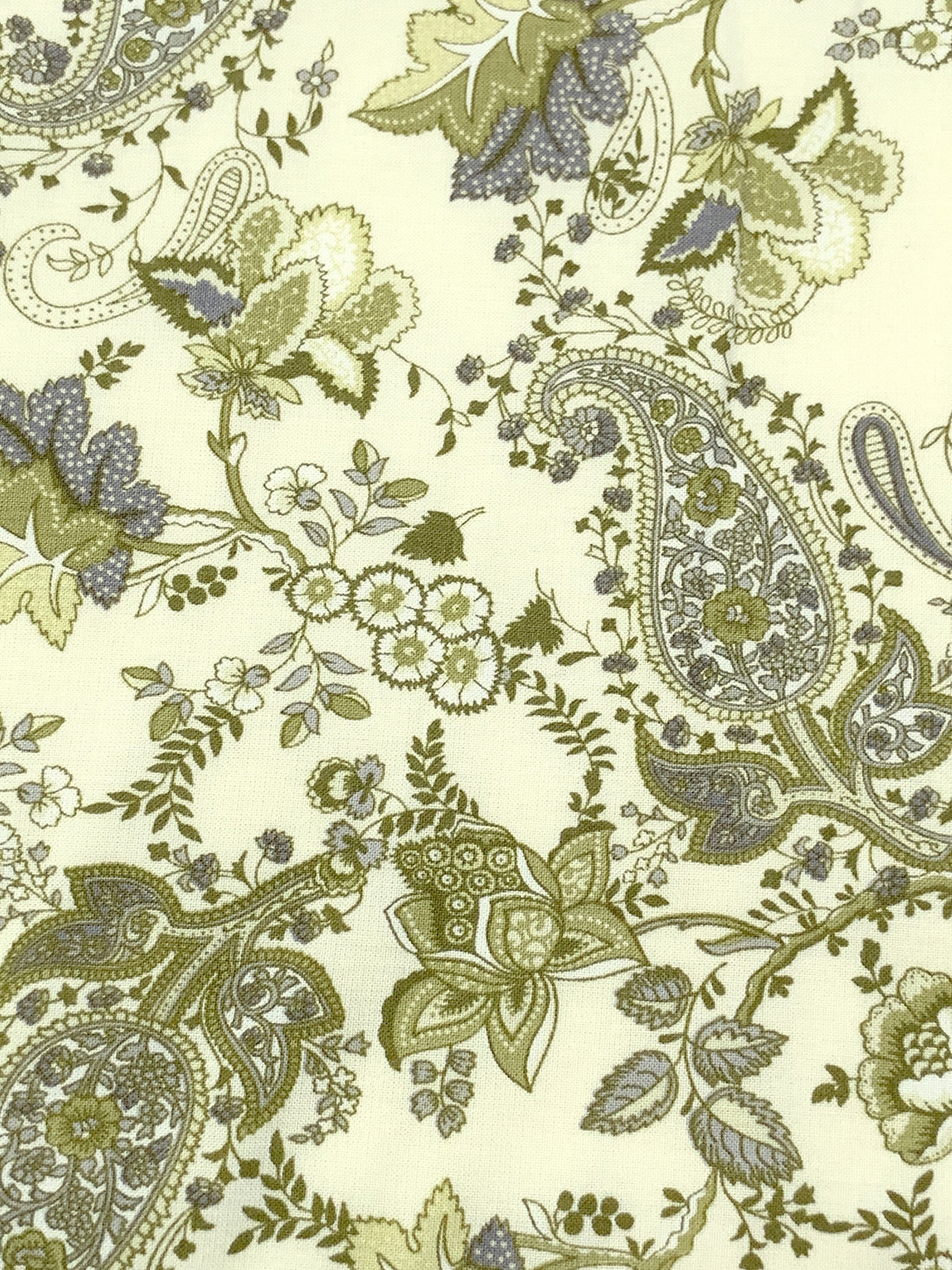 Antique Off-White/Old Moss Green/Dark Gray/Multi 100% Rayon Ornate Floral Print Challis 43W