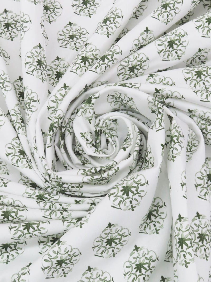 White/Forest Green/Basil 100% Cotton Watercolor Medallion Print Poplin Shirting - NY Designer - 59W