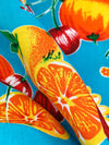 Cyan Azure/Lemon/Orange/Multi 100% Rayon Horizontal Fruit Print Challis 43W