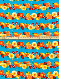 Cyan Azure/Lemon/Orange/Multi 100% Rayon Horizontal Fruit Print Challis 43W