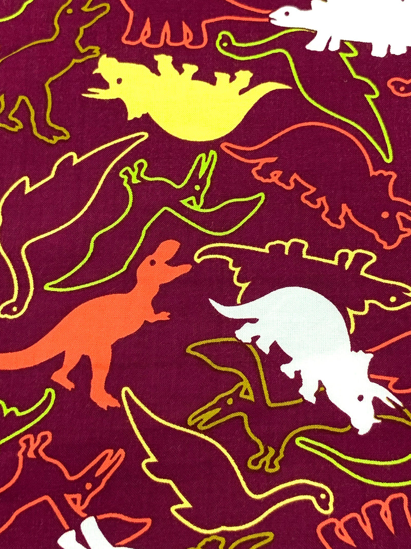Burgundy/Lemon/Flame/Multi 100% Rayon Dinosaurs Print Challis 43W