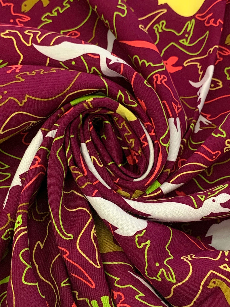 Burgundy/Lemon/Flame/Multi 100% Rayon Dinosaurs Print Challis 43W