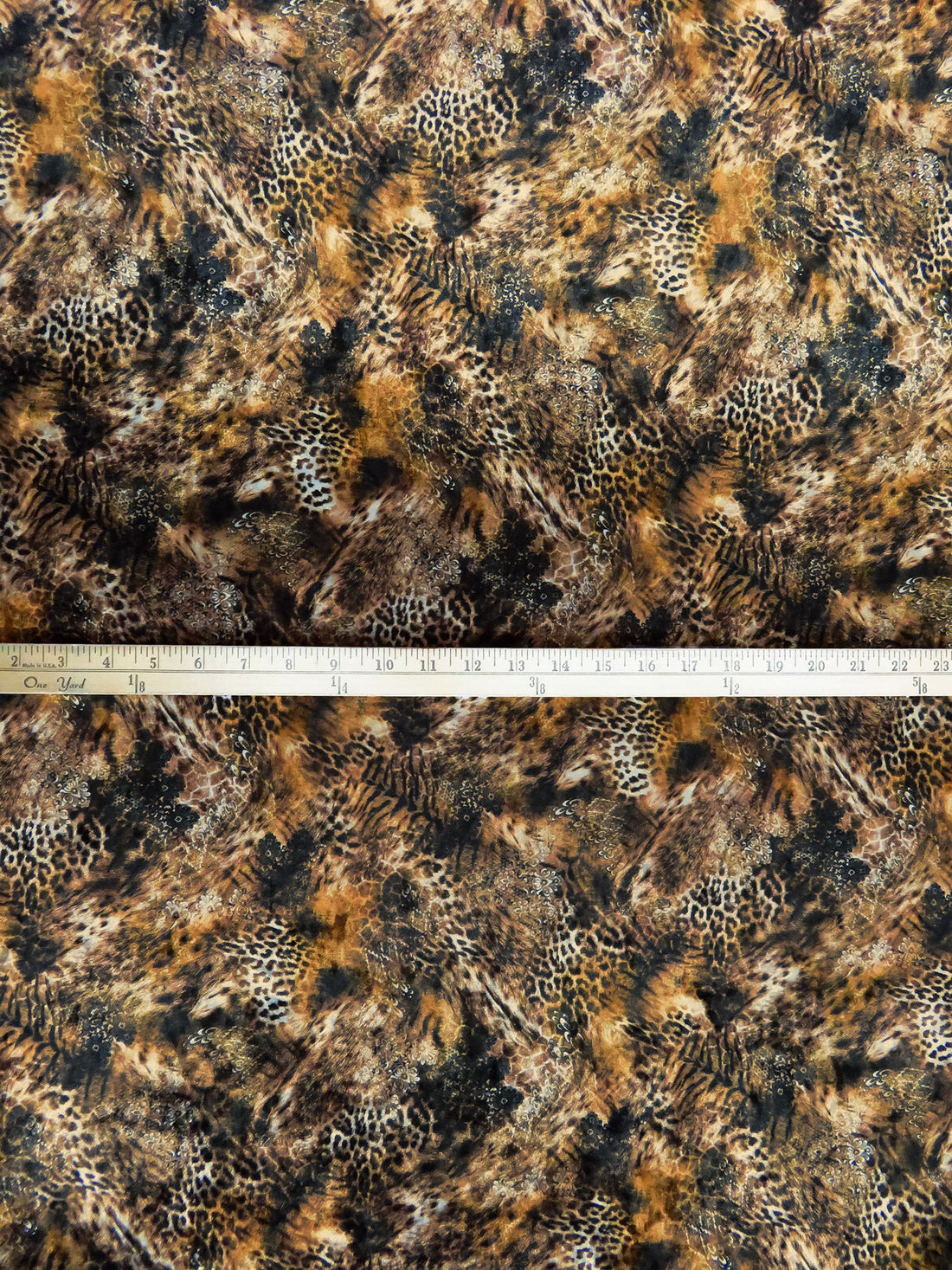 Black/Beige/Bronze Orange Polyester/Lycra Abstract Animal Print Stretch Velvet Knit 58W