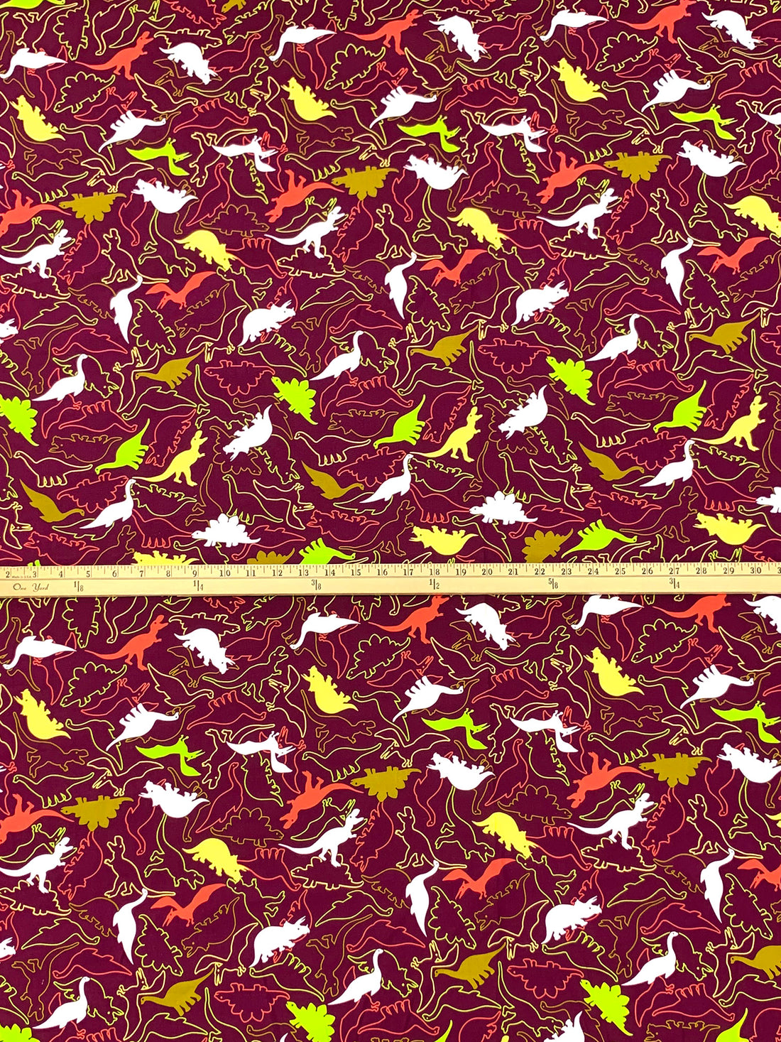 Burgundy/Lemon/Flame/Multi 100% Rayon Dinosaurs Print Challis 43W
