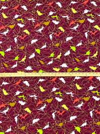 Burgundy/Lemon/Flame/Multi 100% Rayon Dinosaurs Print Challis 43W
