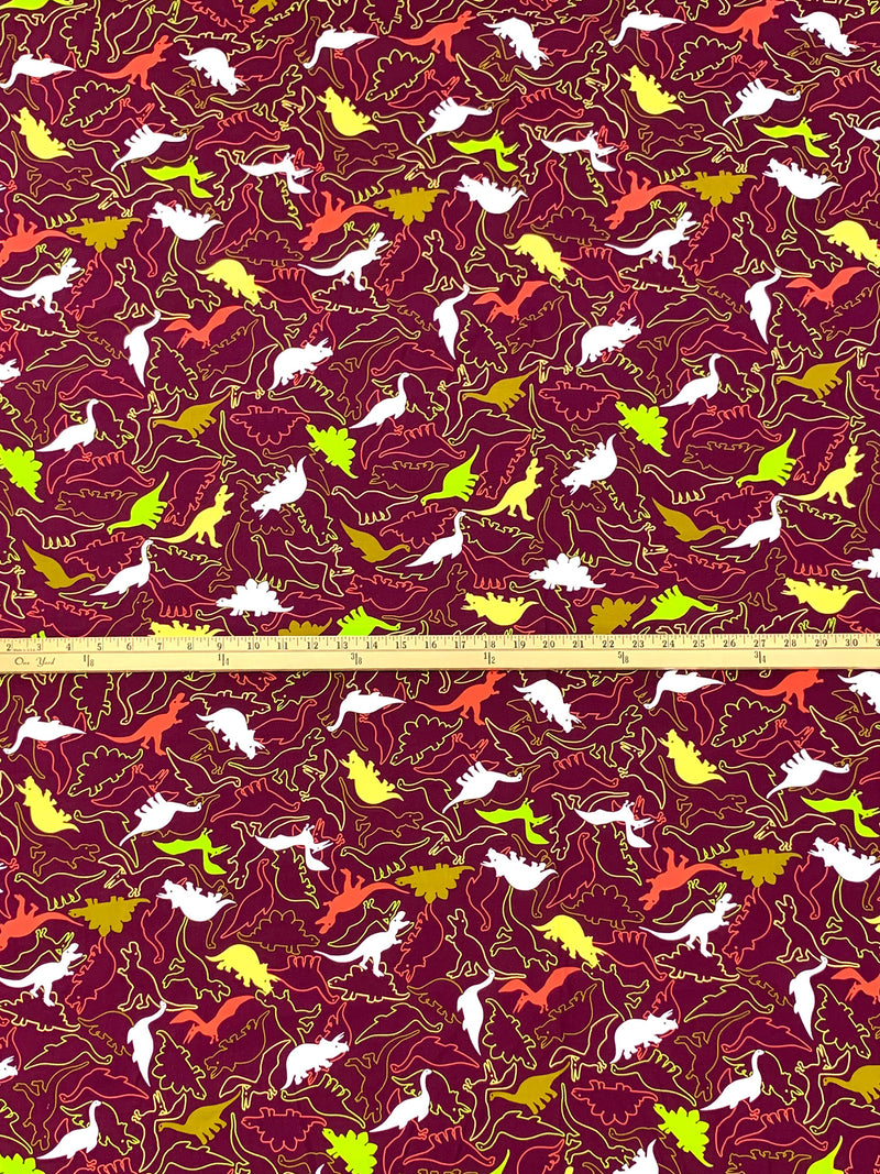 Burgundy/Lemon/Flame/Multi 100% Rayon Dinosaurs Print Challis 43W