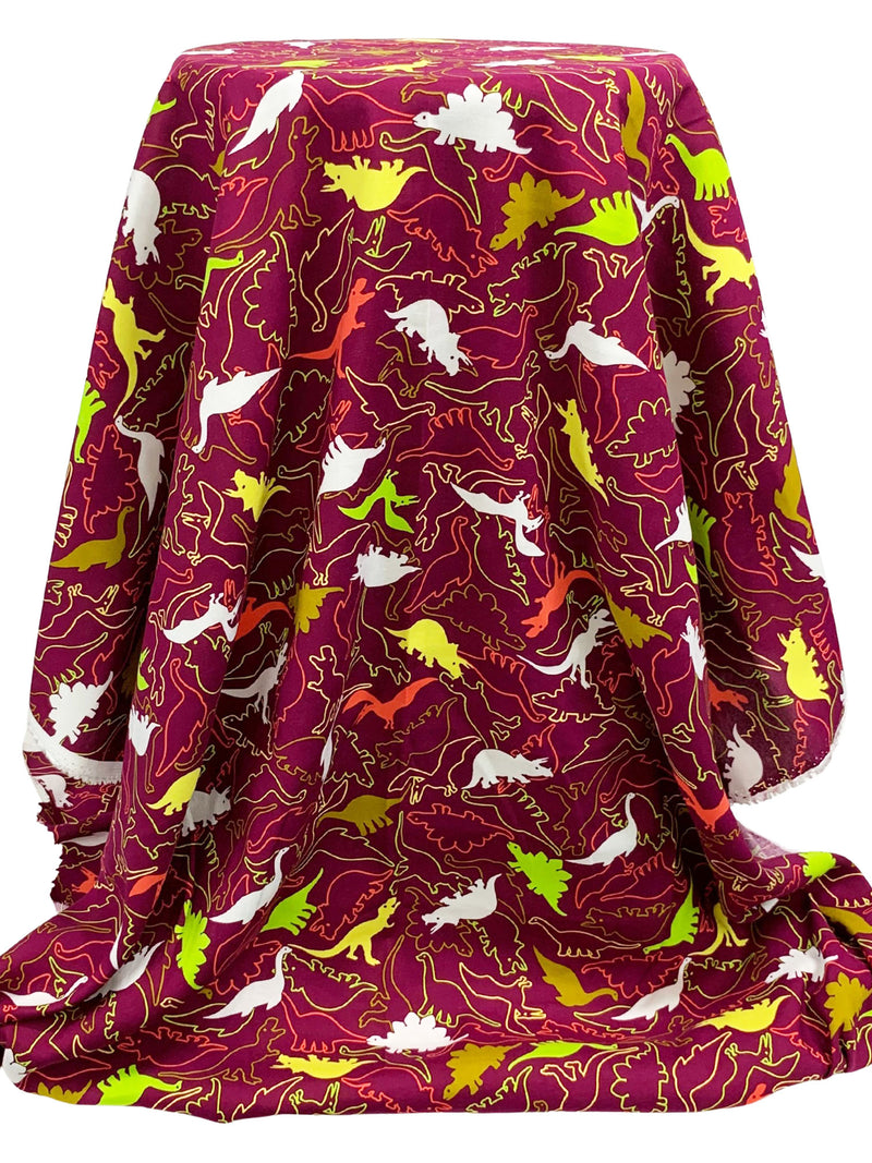 Burgundy/Lemon/Flame/Multi 100% Rayon Dinosaurs Print Challis 43W