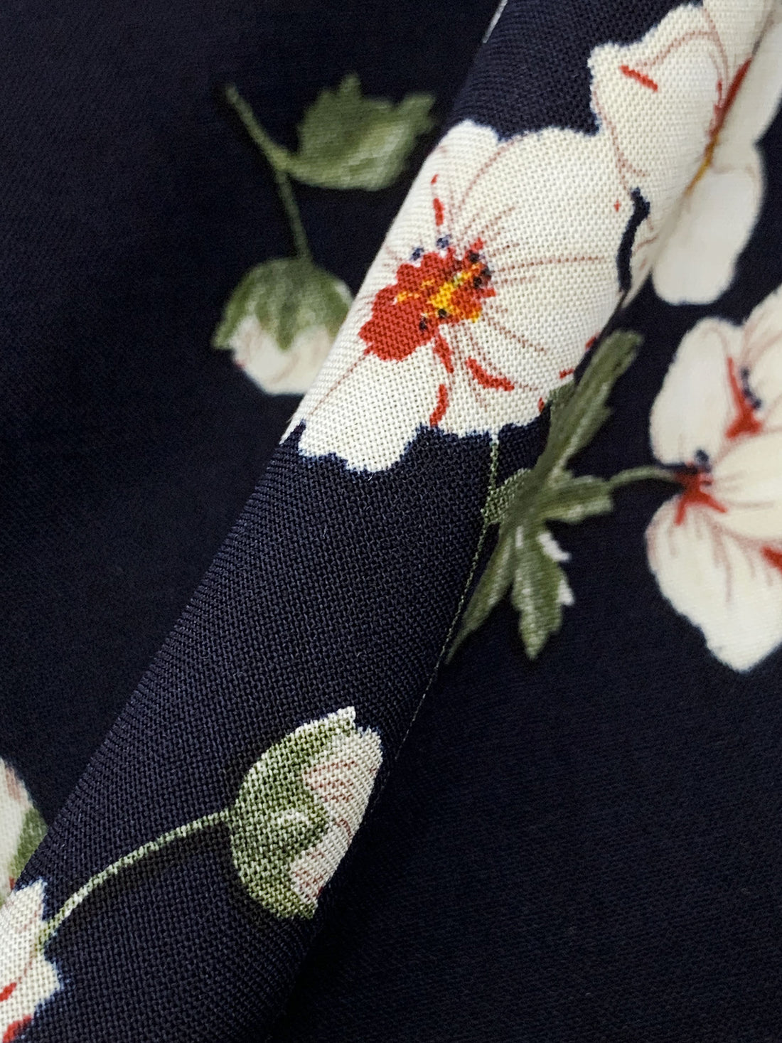 Dark Navy/Rifle Green/White 100% Rayon Floral Print Challis 43W